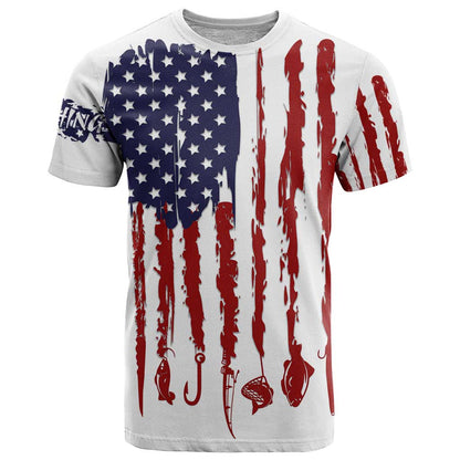 American Flag Fishing T-Shirt Lure and Hook Elements and Custom Name Print Graphic Tee
