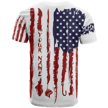 American Flag Fishing T-Shirt Lure and Hook Elements and Custom Name Print Graphic Tee