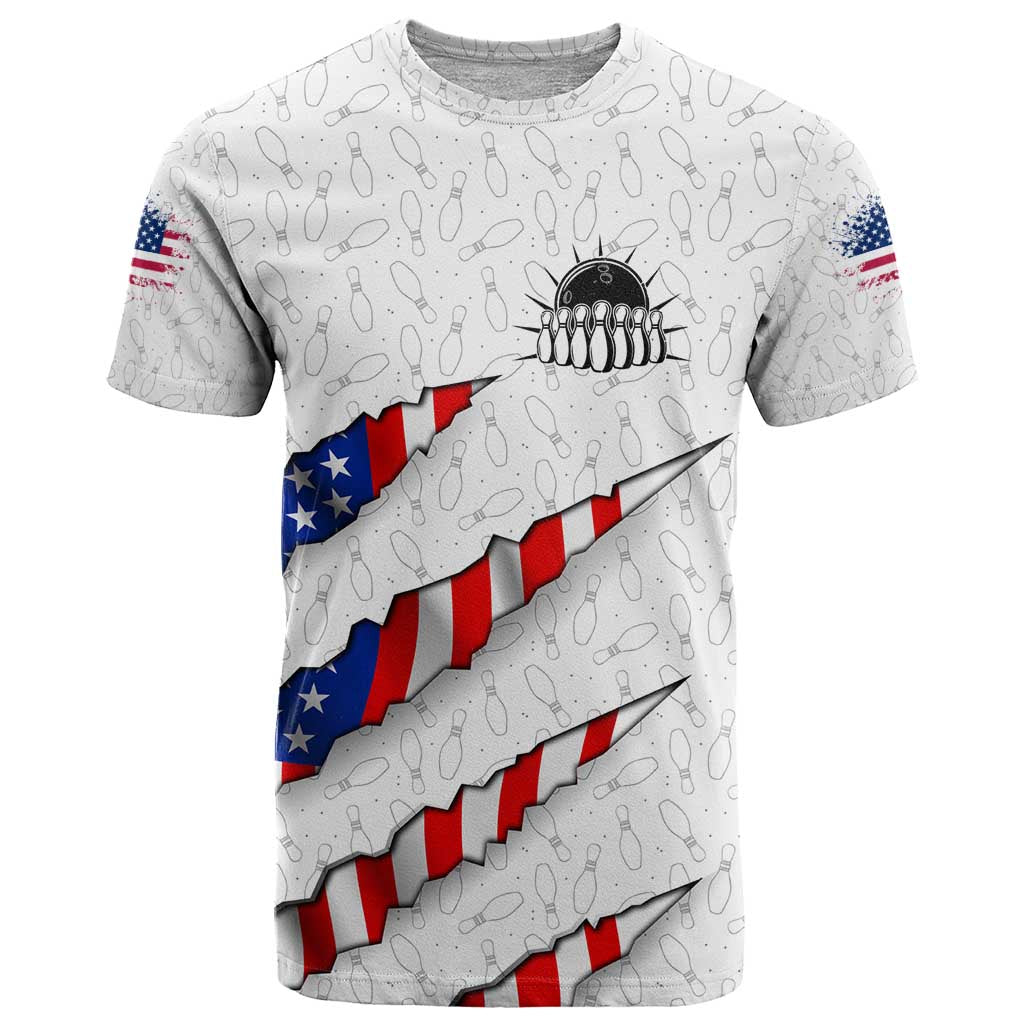 Personalized American Flag Bowling Team T-Shirt Pins and Ball Torn Stripes and Patterned White Graphic Tee