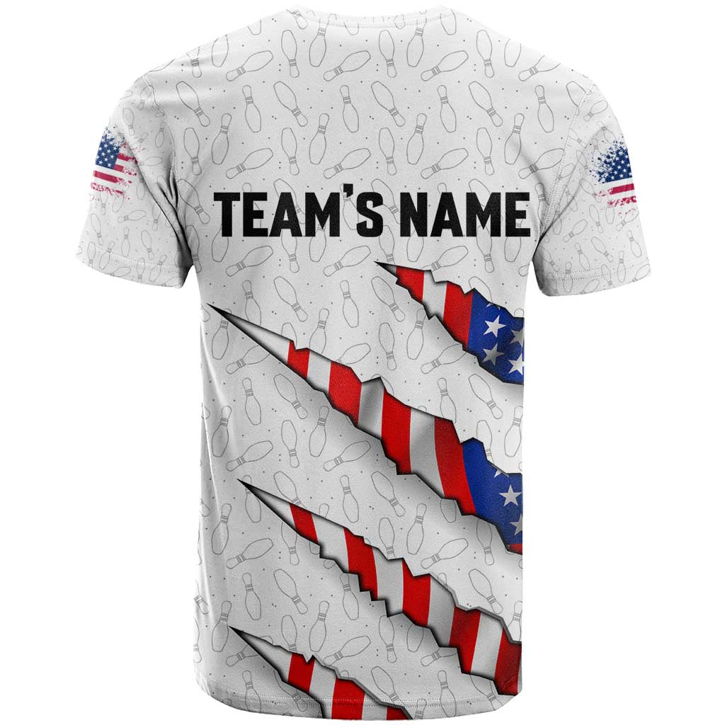 Personalized American Flag Bowling Team T-Shirt Pins and Ball Torn Stripes and Patterned White Graphic Tee