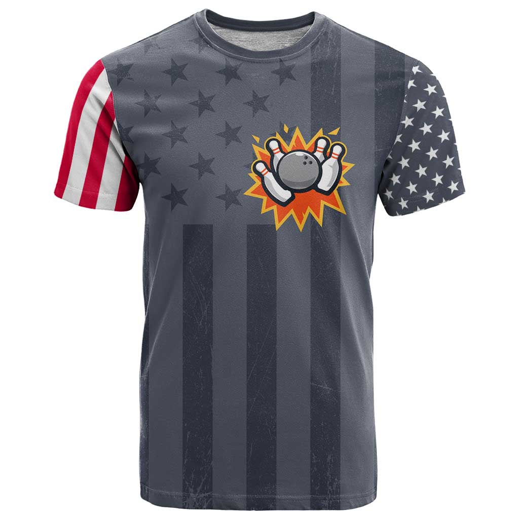 Custom Bowling Ball and Pins T-Shirt American Flag Stars and Stripes in Grunge Patriotic Graphic Tee