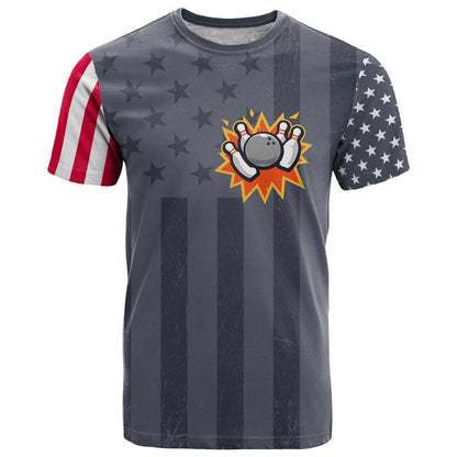Custom Bowling Ball and Pins T-Shirt American Flag Stars and Stripes in Grunge Patriotic Graphic Tee