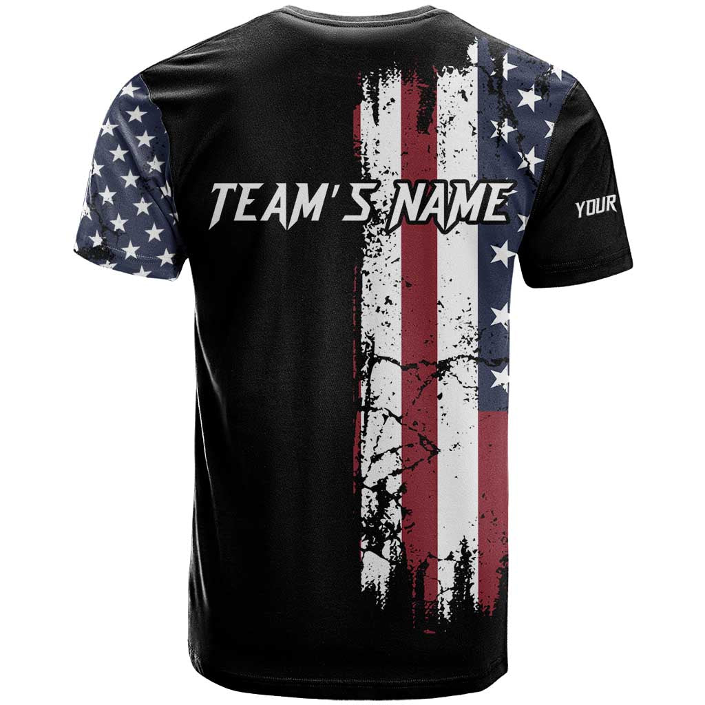Grunge American Flag Custom Bowling T-Shirt Pins Graphic and Team Text Layout Design Graphic Tee