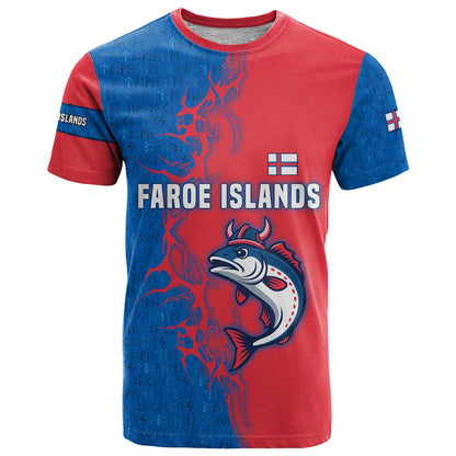 Faroe Islands T-Shirt with Viking Fish Illustration Red Blue Runic Design Graphic Tee