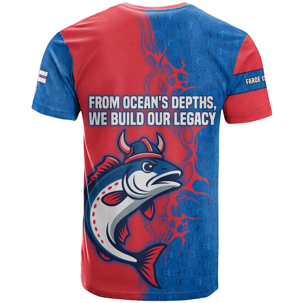 Faroe Islands T-Shirt with Viking Fish Illustration Red Blue Runic Design Graphic Tee