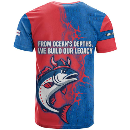 Faroe Islands T-Shirt with Viking Fish Illustration Red Blue Runic Design Graphic Tee