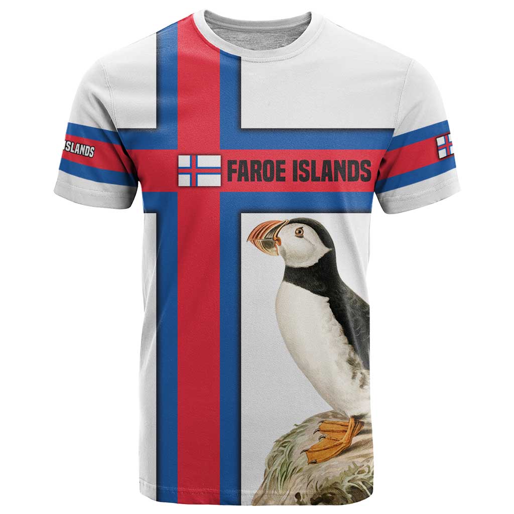 Faroe Islands T-Shirt with Red Blue Cross Design and Puffin Bird Graphic Tee