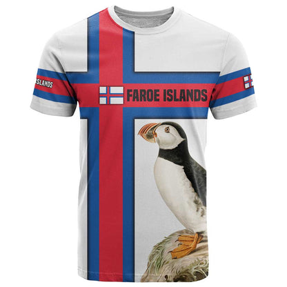 Faroe Islands T-Shirt with Red Blue Cross Design and Puffin Bird Graphic Tee