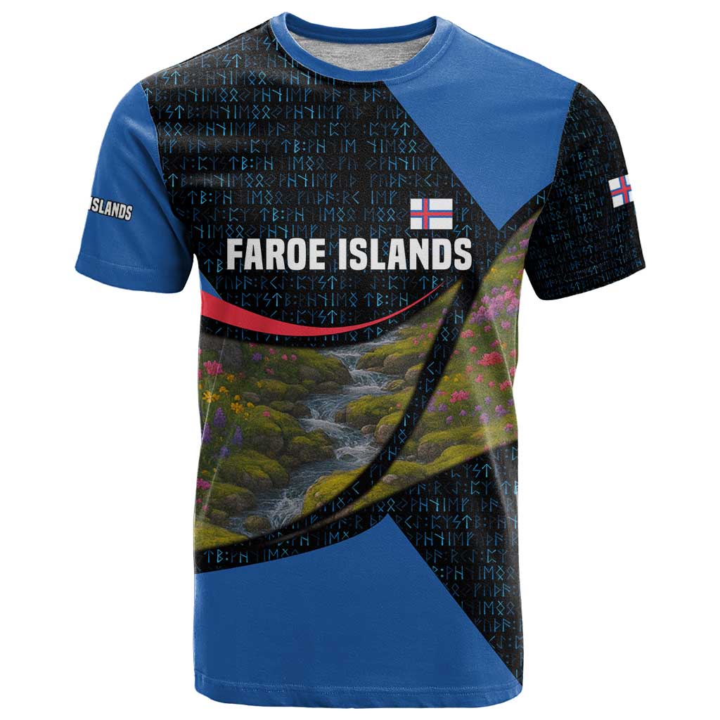 Faroe Islands T-Shirt with Waterfall Nature Scene and Rune Pattern Design Graphic Tee
