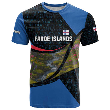 Faroe Islands T-Shirt with Waterfall Nature Scene and Rune Pattern Design Graphic Tee