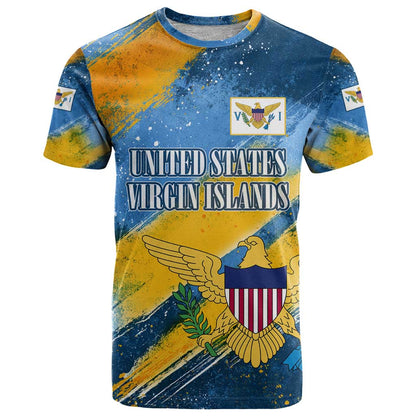 United States Virgin Islands T-Shirt with Blue Yellow Eagle Design and Government Seal Graphic Tee