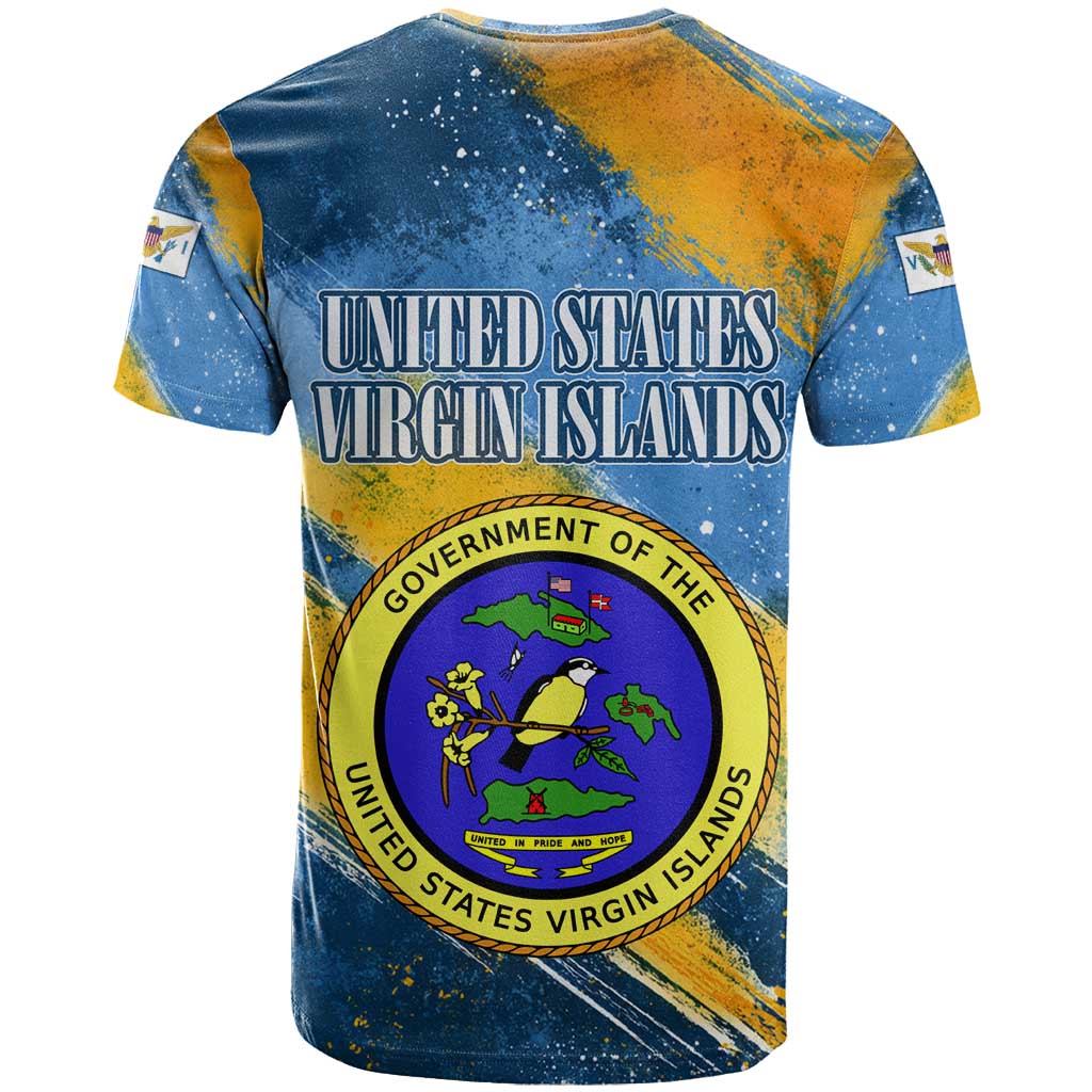 United States Virgin Islands T-Shirt with Blue Yellow Eagle Design and Government Seal Graphic Tee