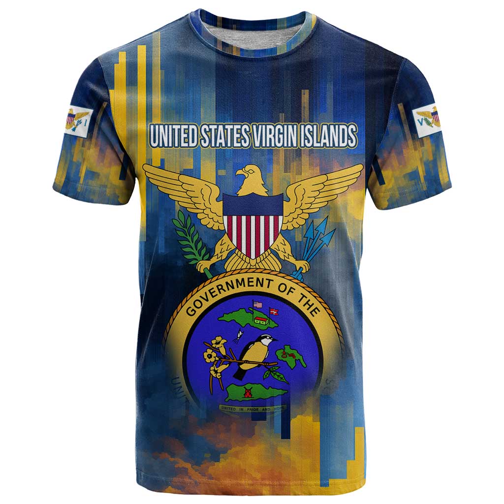 United States Virgin Islands T-Shirt with Blue Yellow Government Seal Design and Bald Eagle Graphic Tee