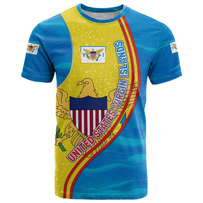 United States Virgin Islands T-Shirt with Blue Yellow Wave Design and Island Map Bird Graphic Tee