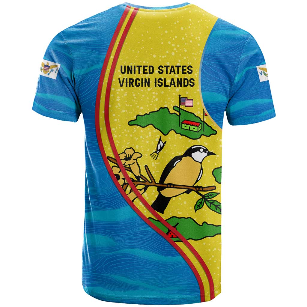 United States Virgin Islands T-Shirt with Blue Yellow Wave Design and Island Map Bird Graphic Tee