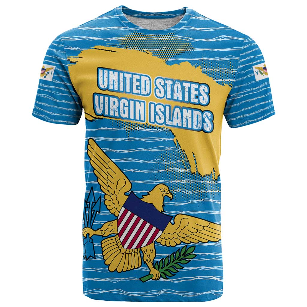 United States Virgin Islands T-Shirt with Blue Yellow Ocean Design and Eagle Map Pattern Graphic Tee