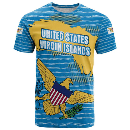 United States Virgin Islands T-Shirt with Blue Yellow Ocean Design and Eagle Map Pattern Graphic Tee