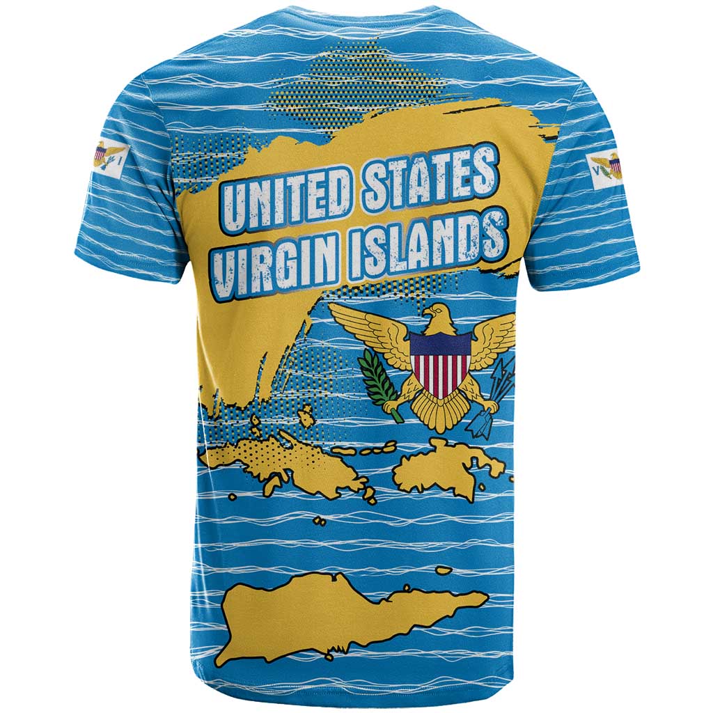 United States Virgin Islands T-Shirt with Blue Yellow Ocean Design and Eagle Map Pattern Graphic Tee