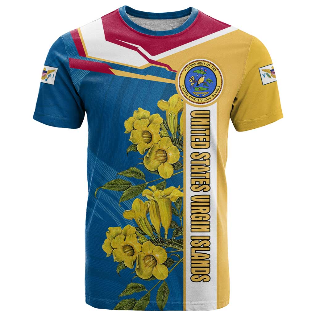 United States Virgin Islands T-Shirt with Blue Yellow Floral Design and Government Seal Bird Graphic Tee