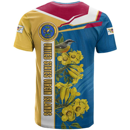 United States Virgin Islands T-Shirt with Blue Yellow Floral Design and Government Seal Bird Graphic Tee