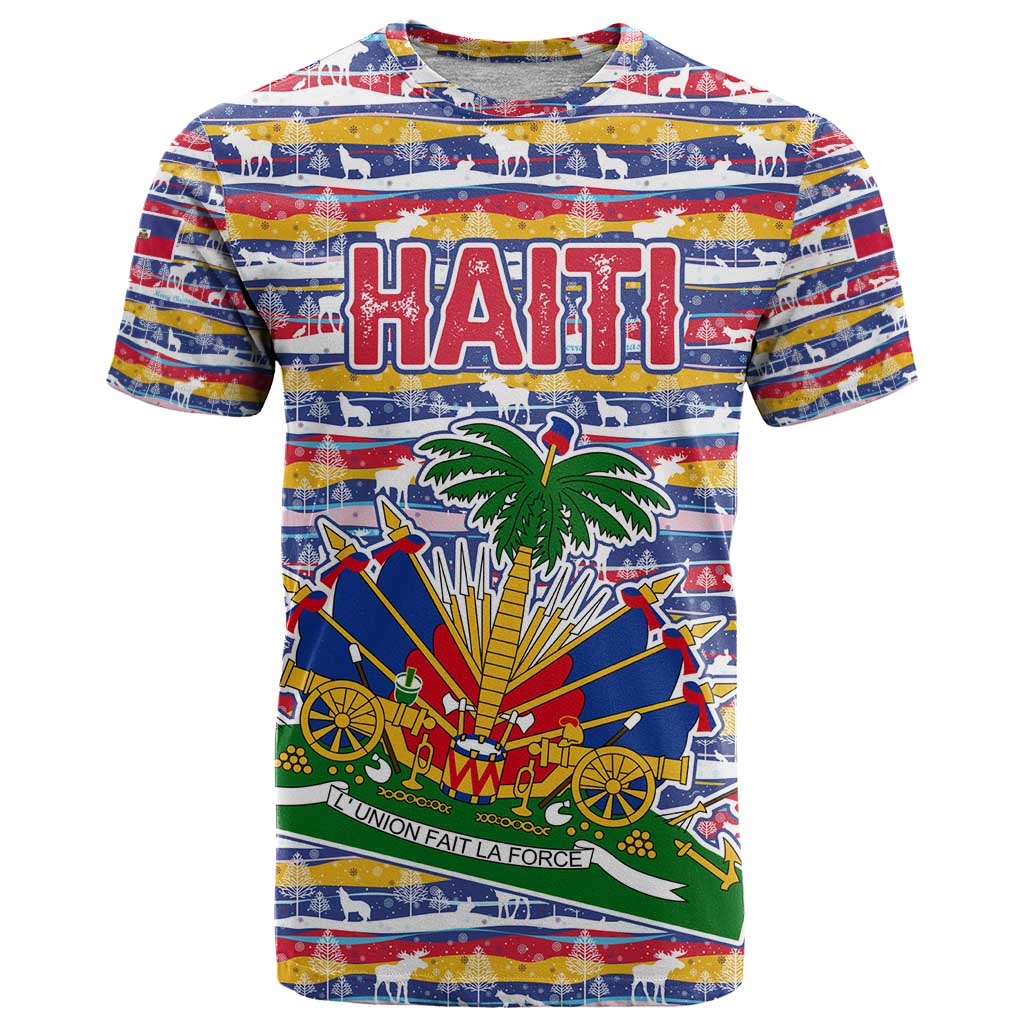 Haiti Christmas T-Shirt with Blue Red Yellow Xmas Santa Sleigh and Coat of Arms Graphic Tee