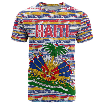 Haiti Christmas T-Shirt with Blue Red Yellow Xmas Santa Sleigh and Coat of Arms Graphic Tee