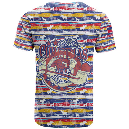 Haiti Christmas T-Shirt with Blue Red Yellow Xmas Santa Sleigh and Coat of Arms Graphic Tee