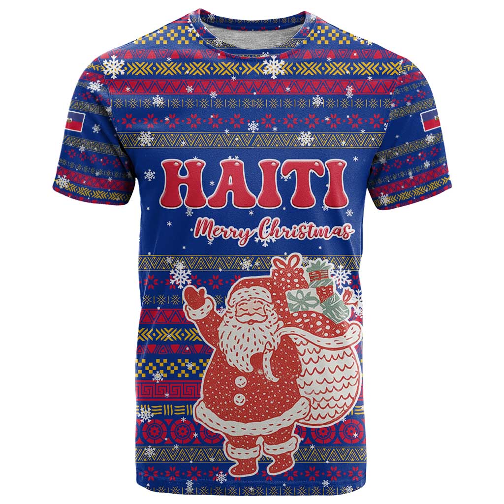 Haiti Christmas T-Shirt with Blue Red Xmas Santa Snowflake and Map Graphic Tee