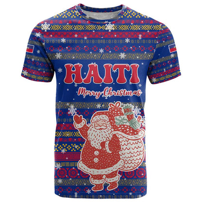 Haiti Christmas T-Shirt with Blue Red Xmas Santa Snowflake and Map Graphic Tee