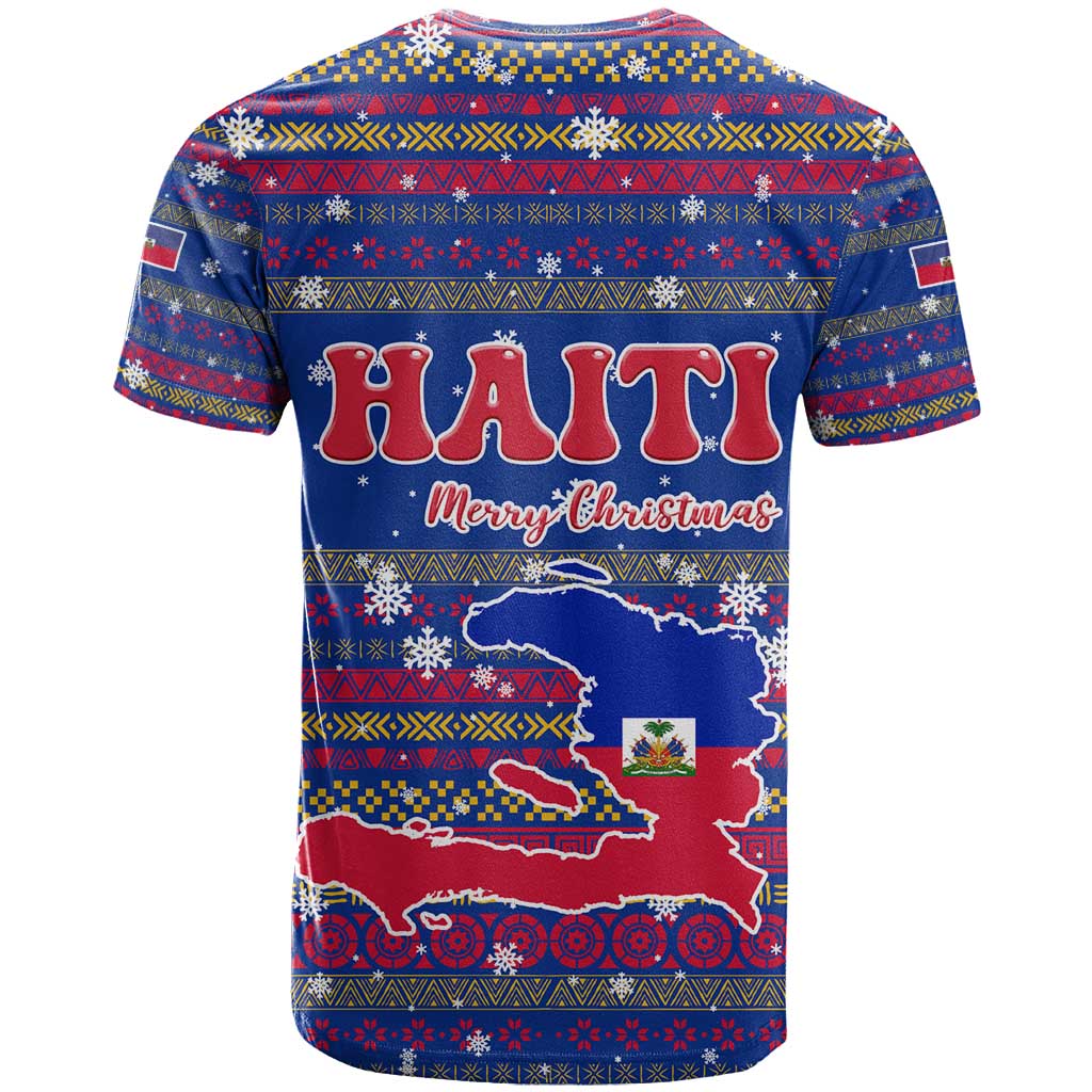 Haiti Christmas T-Shirt with Blue Red Xmas Santa Snowflake and Map Graphic Tee