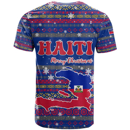 Haiti Christmas T-Shirt with Blue Red Xmas Santa Snowflake and Map Graphic Tee