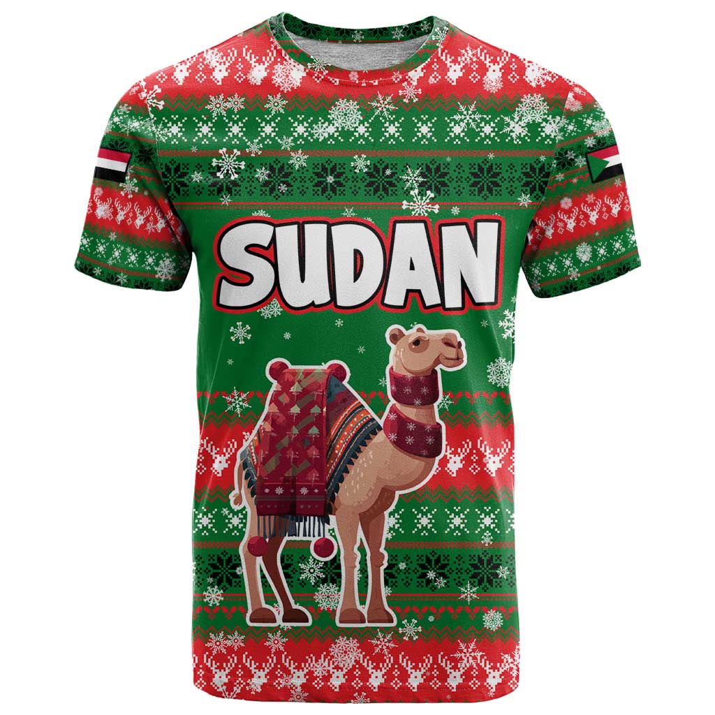 Sudan Christmas T-Shirt with Green Red Xmas Camel Snowflake and Coat of Arms Graphic Tee