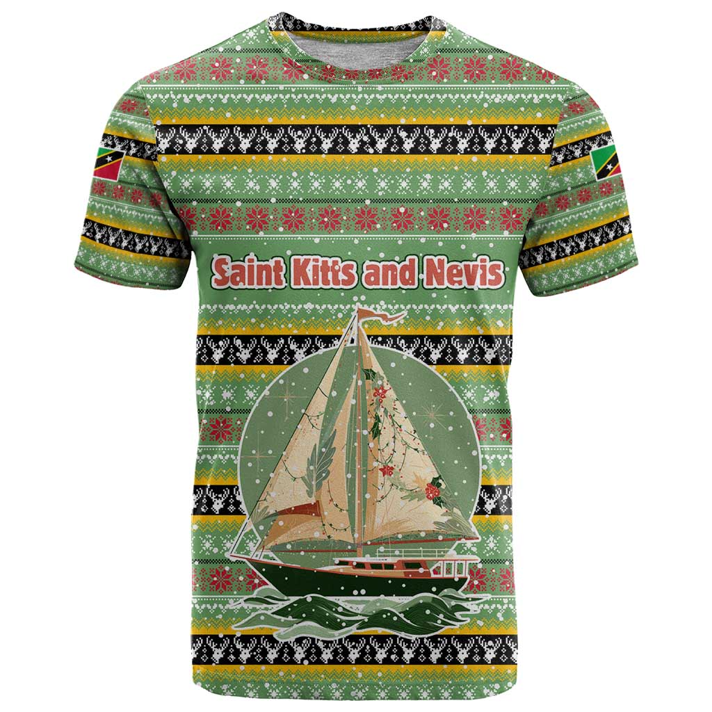 Saint Kitts and Nevis Christmas T-Shirt with Green Red Black Xmas Sailboat and Map Graphic Tee