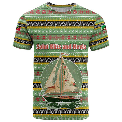 Saint Kitts and Nevis Christmas T-Shirt with Green Red Black Xmas Sailboat and Map Graphic Tee