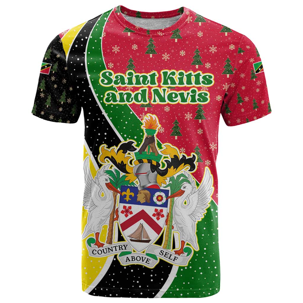 Saint Kitts and Nevis Christmas T-Shirt with Red Green Black Xmas Monkey Gift and Coat of Arms Graphic Tee