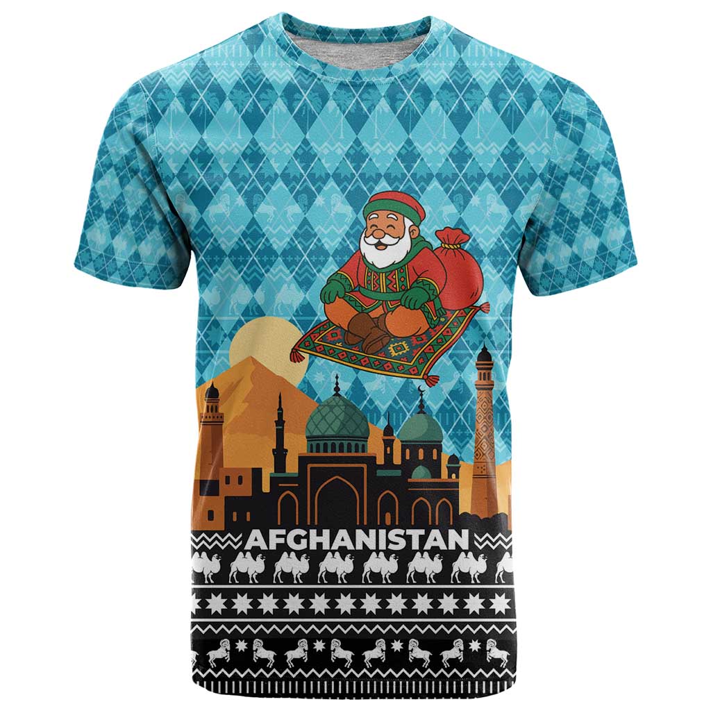 Afghanistan Christmas T-Shirt with Santa on Flying Carpet Mosque Camels and Desert Sunset Design Graphic Tee