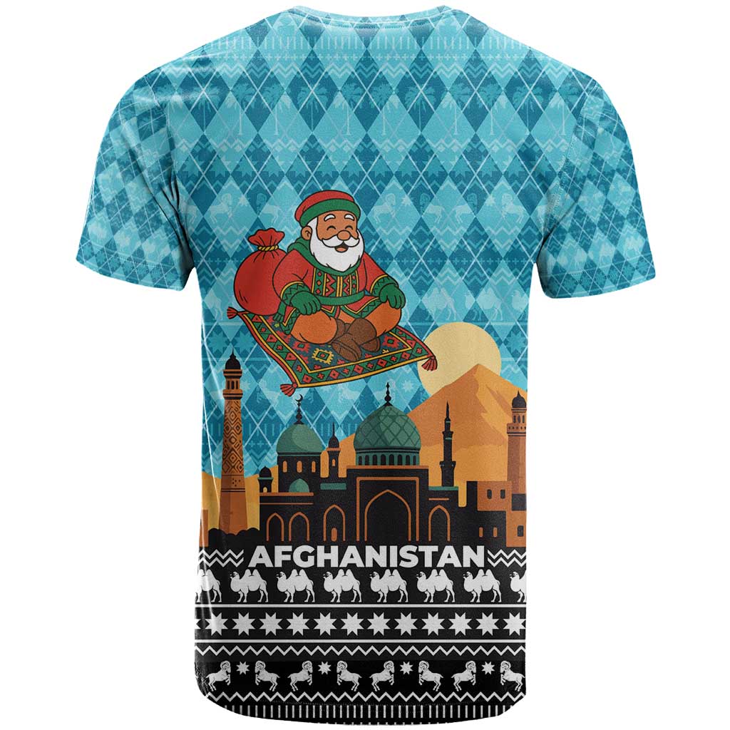 Afghanistan Christmas T-Shirt with Santa on Flying Carpet Mosque Camels and Desert Sunset Design Graphic Tee