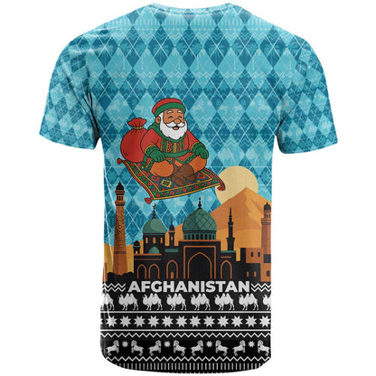 Afghanistan Christmas T-Shirt with Santa on Flying Carpet Mosque Camels and Desert Sunset Design Graphic Tee