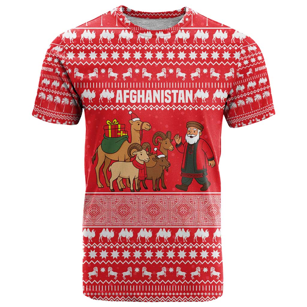 Afghanistan Christmas T-Shirt with Santa Camels Sheep Traditional Pattern and Festive Design Graphic Tee