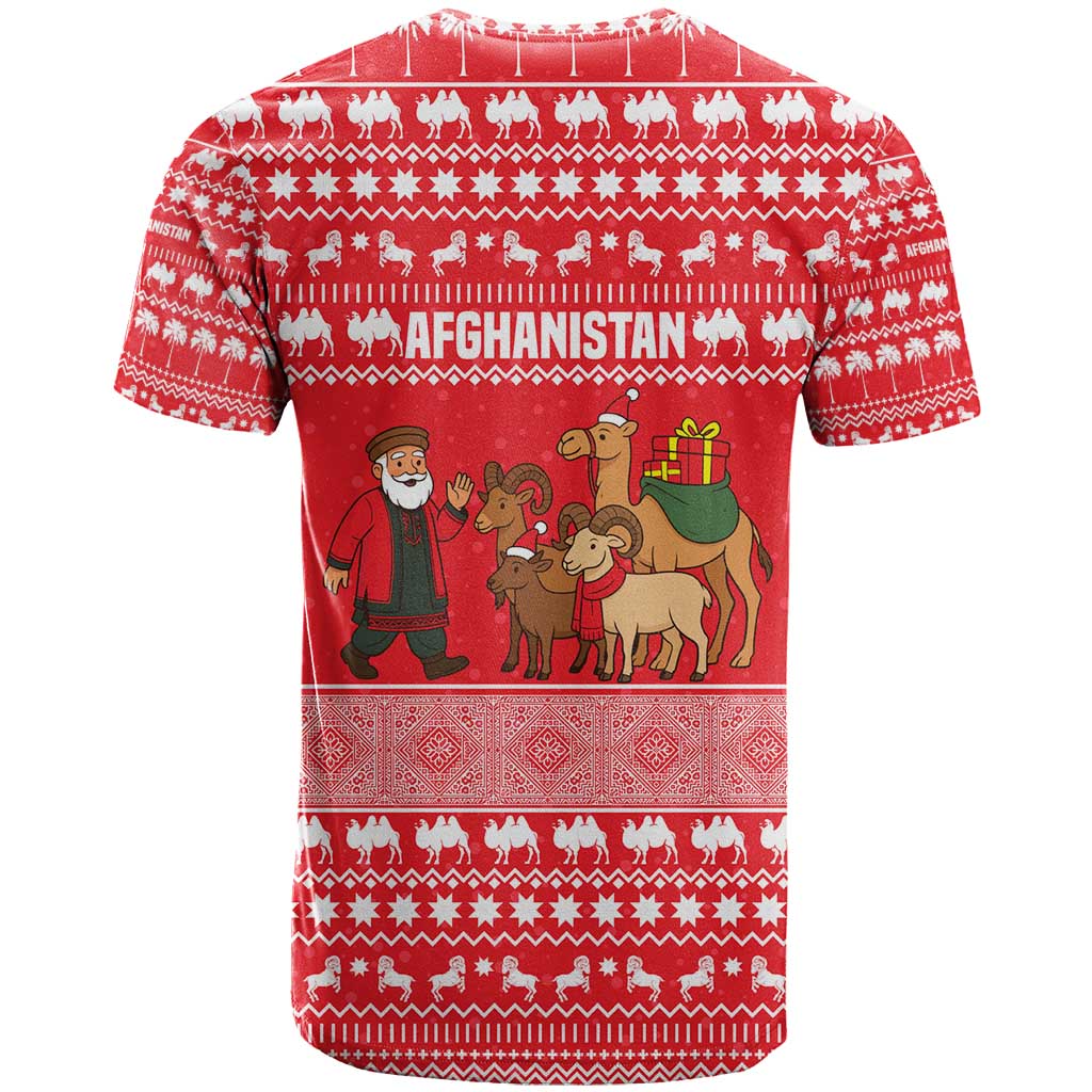 Afghanistan Christmas T-Shirt with Santa Camels Sheep Traditional Pattern and Festive Design Graphic Tee