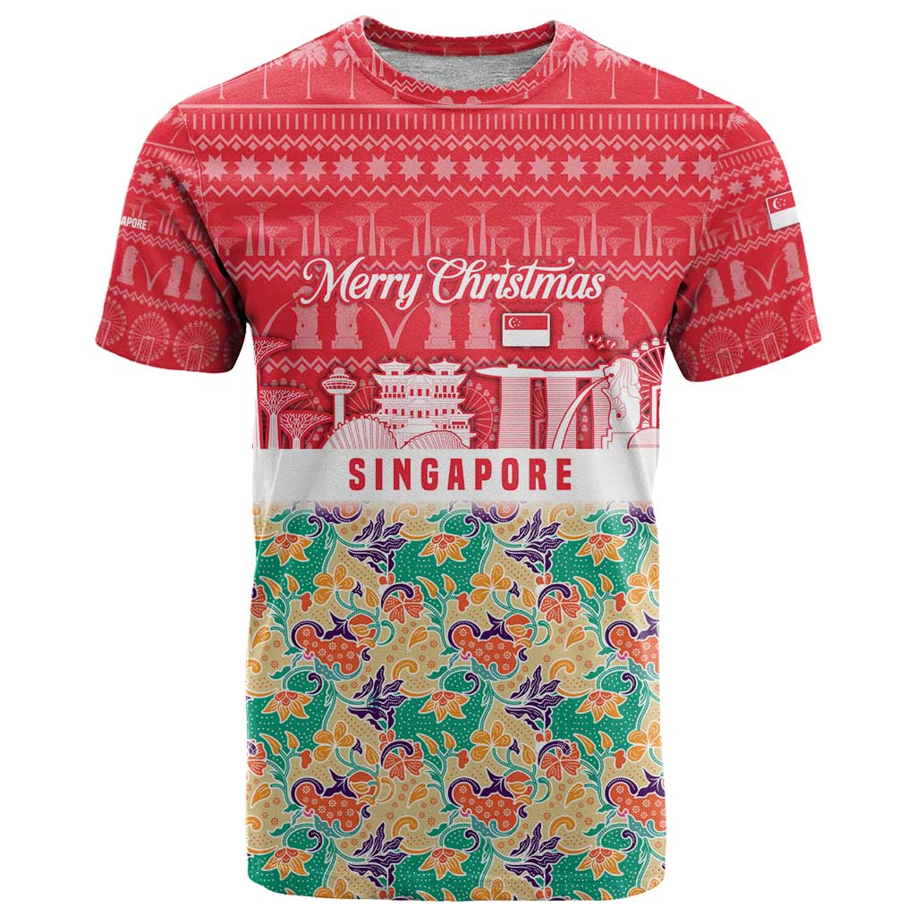 Singapore Christmas T-Shirt with Skyline Batik Patterns Landmark Silhouettes and Festive Design Graphic Tee