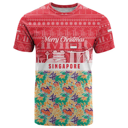 Singapore Christmas T-Shirt with Skyline Batik Patterns Landmark Silhouettes and Festive Design Graphic Tee