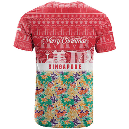 Singapore Christmas T-Shirt with Skyline Batik Patterns Landmark Silhouettes and Festive Design Graphic Tee