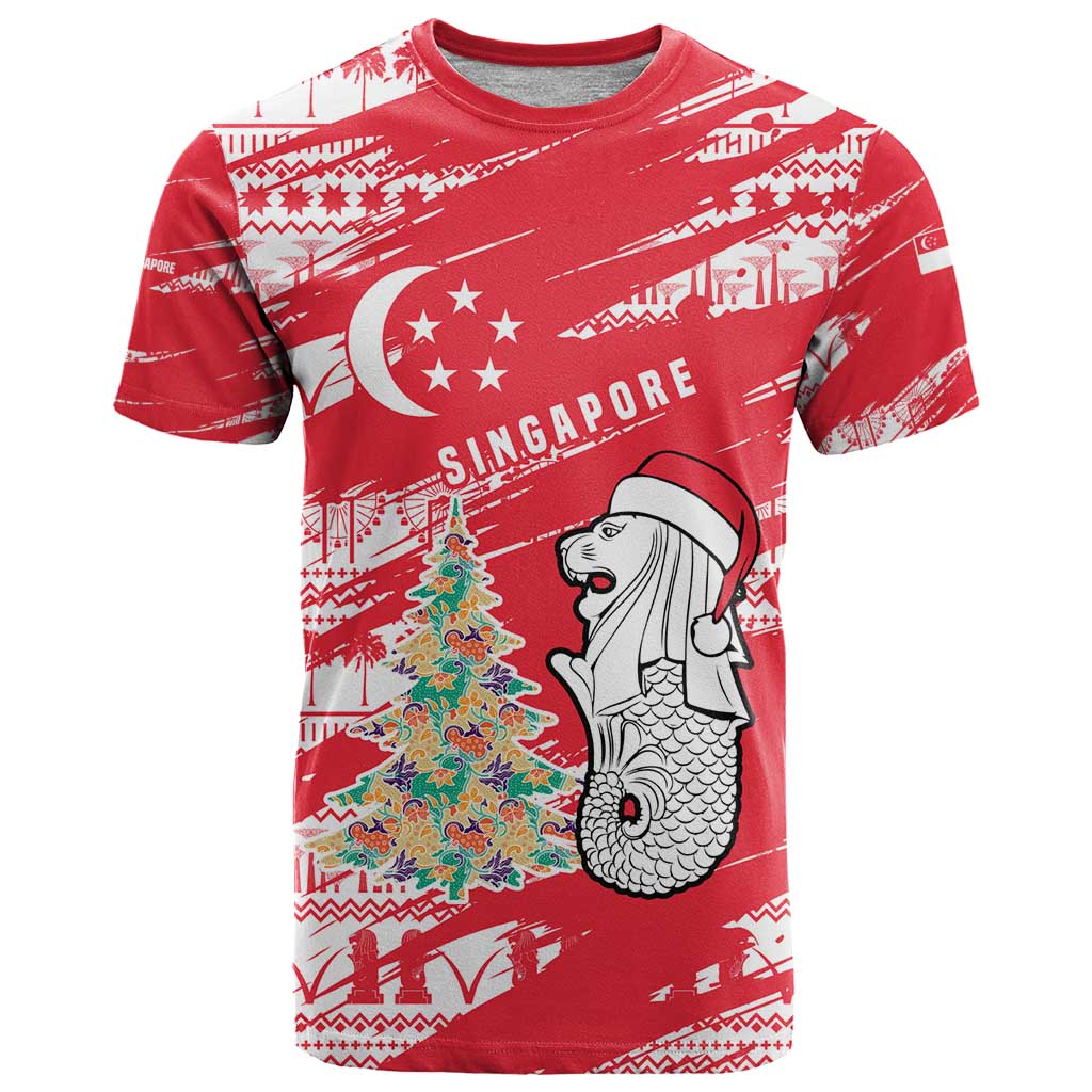 Singapore Christmas T-Shirt with Merlion Santa Hat Batik Christmas Tree and City Skyline Design Graphic Tee