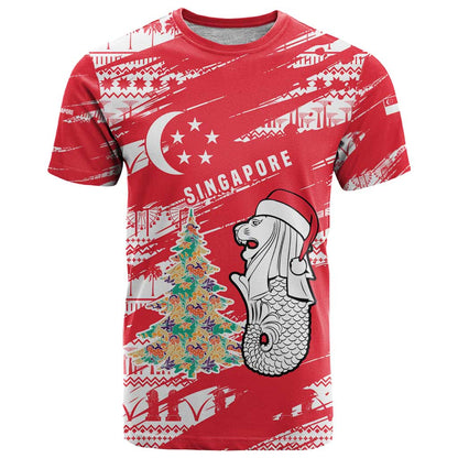 Singapore Christmas T-Shirt with Merlion Santa Hat Batik Christmas Tree and City Skyline Design Graphic Tee
