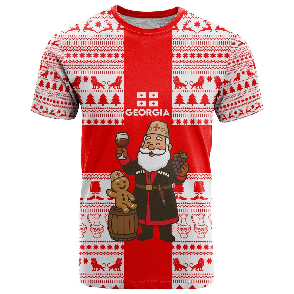 Georgia Christmas T-Shirt with Santa in Chokha Wine Barrel Gingerbread and Coat of Arms Design Graphic Tee