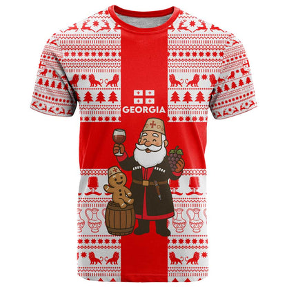 Georgia Christmas T-Shirt with Santa in Chokha Wine Barrel Gingerbread and Coat of Arms Design Graphic Tee
