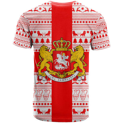 Georgia Christmas T-Shirt with Santa in Chokha Wine Barrel Gingerbread and Coat of Arms Design Graphic Tee
