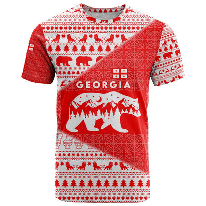 Georgia Christmas T-Shirt with Bear Mountains Forest Pattern and Traditional Georgian Design Graphic Tee