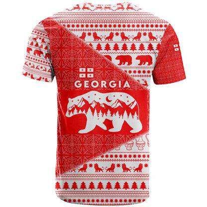 Georgia Christmas T-Shirt with Bear Mountains Forest Pattern and Traditional Georgian Design Graphic Tee